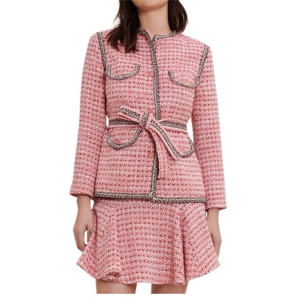 MAJE Venetia Two Tone Tweed Pink Rose RougeBelted blazer NEW